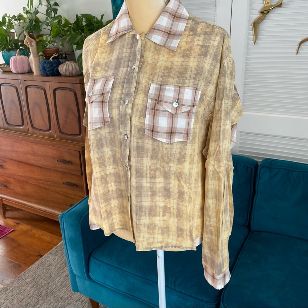 POL Bonfire Plaid Snap Buttondown Shirt Beige Brown Country Layering New Medium - Picture 7 of 11